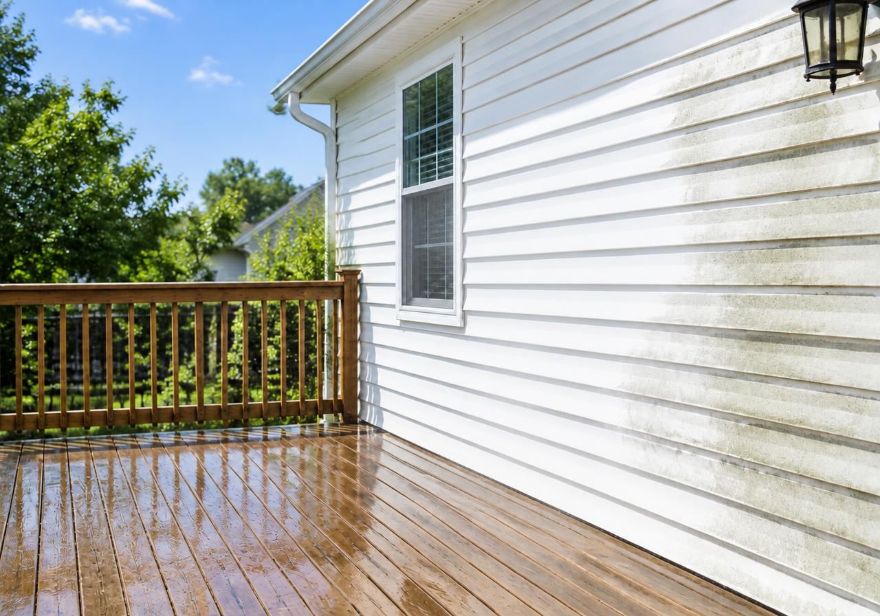 House siding and deck being washed